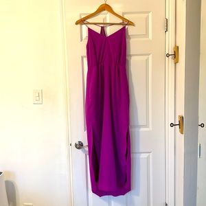 Fuchsia long dress w/side slots both sides & t back, gathers at natural waist